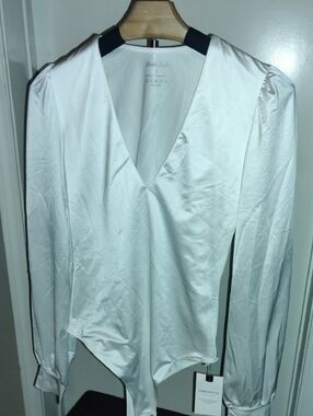 White V-Neck Satin Bodysuit